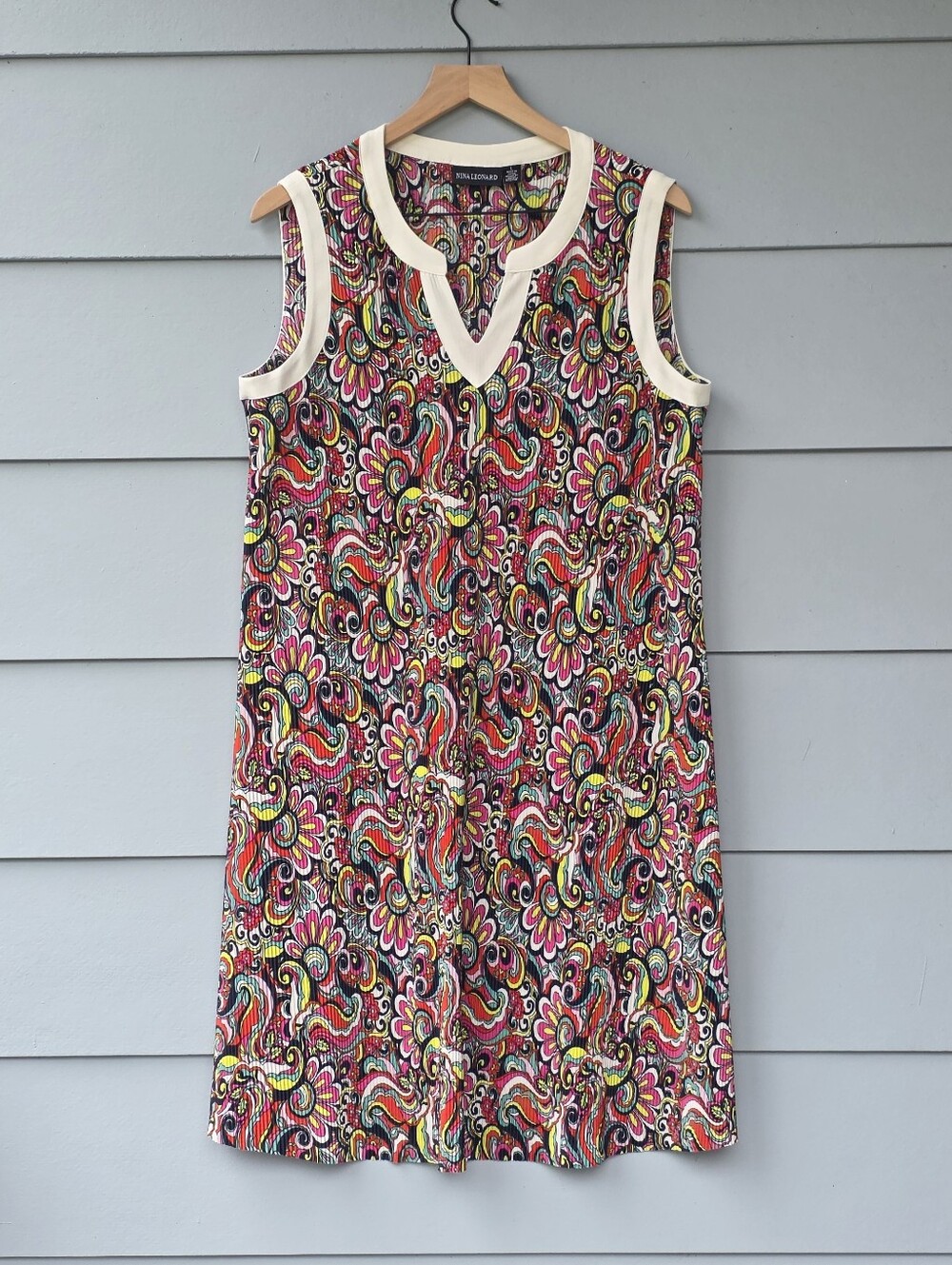 Nina Leonard Multicolor Floral Shift Midi Dress V-Neck Sleeveless Size L